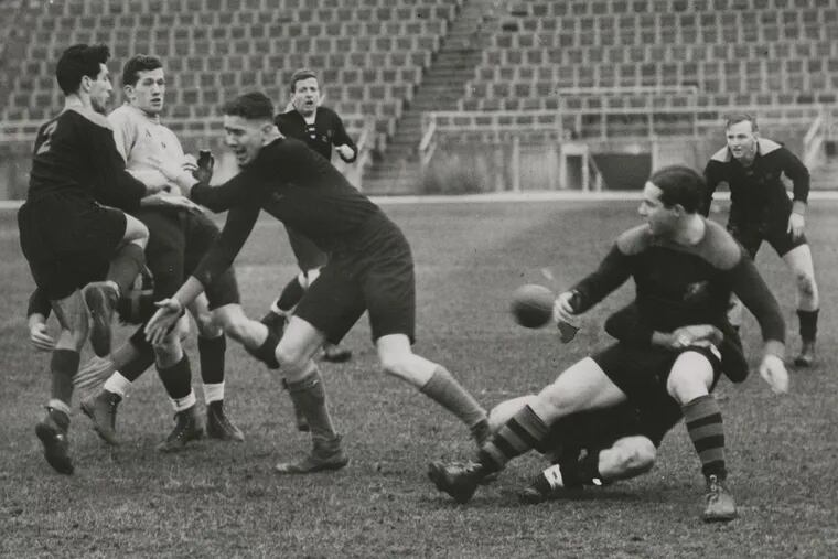 Princeton rugby players in a match against French rugby players at Randall’s Island (NY), photograph by Wide World Photos (1937).