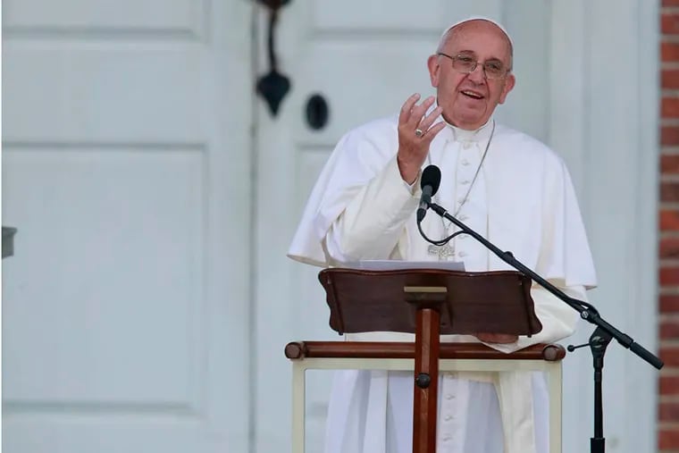 Pope Francis delivers a speech at Independence Hall in Philadelphia on Sept. 26, 2015.