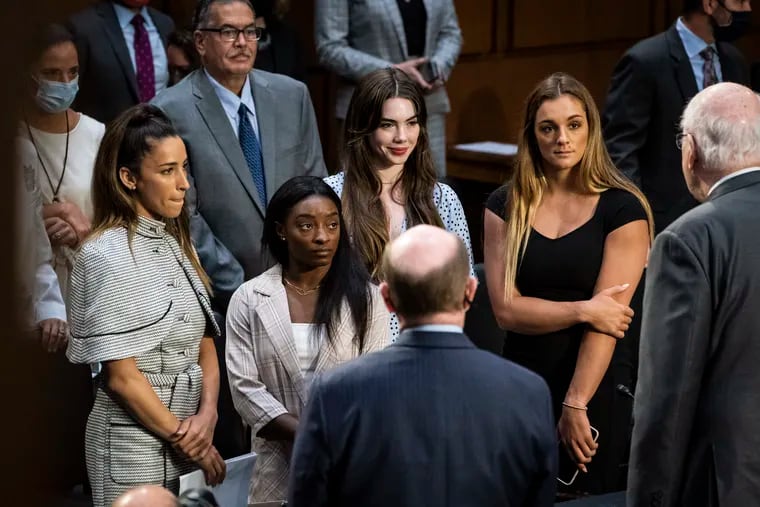 United States gymnasts Aly Raisman, Simone Biles, McKayla Maroney, and Maggie Nichols testify before the Senate Judiciary Committee  in September 2021.