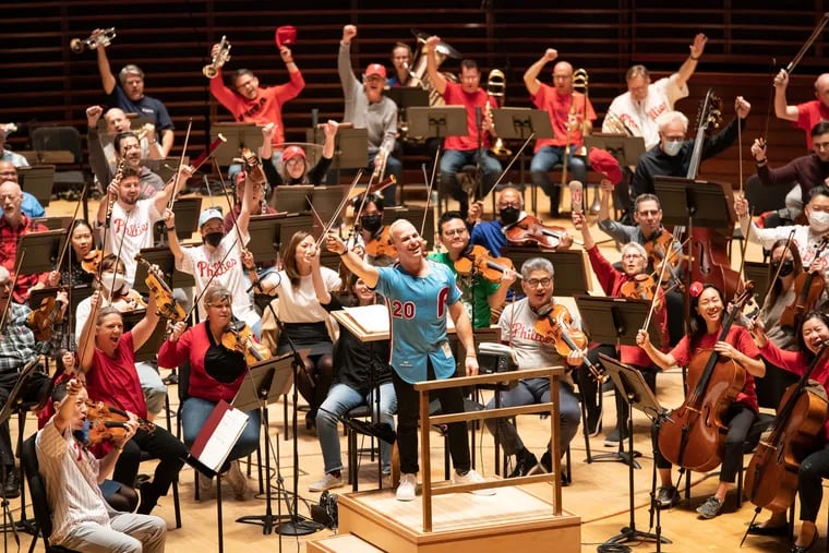 Yannick Nezet-Seguin and the Philadelphia Orchestra cheer the Phillies after rehearsing an orchestral arrangement of "Dancing on My Own” at the Kimmel Center, in Philadelphia, Thursday, October 27, 2022.