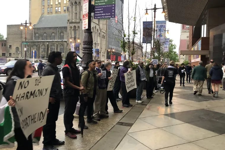 Roughly 60 pro-Palestinaian protesters showed up on Saturday, May 19, 2018, blocking Broad Street for five minutes. The protesters eventually moved to the southbound lane, where police directed traffic around them.