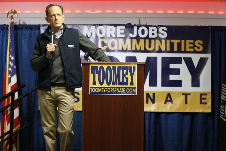Republican Sen. Pat Toomey addresses supporters on the final weekend of his 2016 reelection campaign in West Chester, PA. DAVID MAIALETTI / Staff Photographer