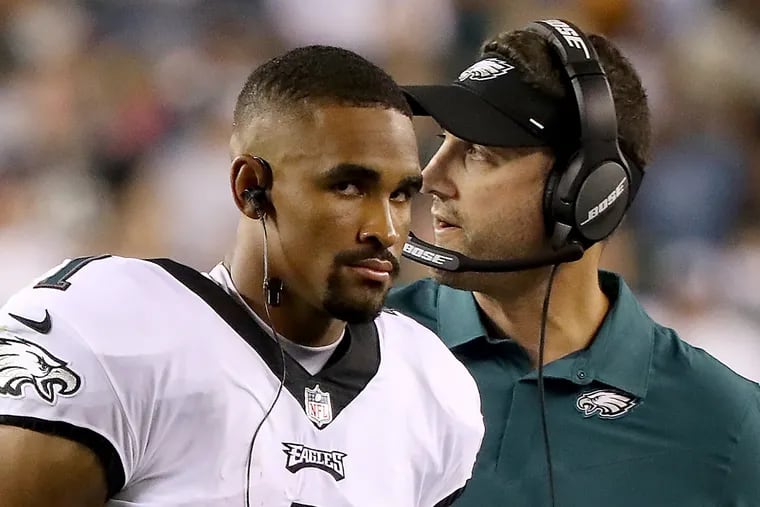 Philadelphia Eagles quarterback Jalen Hurts walks back to the sideline with head coach Nick Sirianni during the second quarter against the Steelers. The Philadelphia Eagles play the Pittsburgh Steelers in their first preseason game of the season at Lincoln Financial Field in Philadelphia, Pa. on August 12, 2021. .