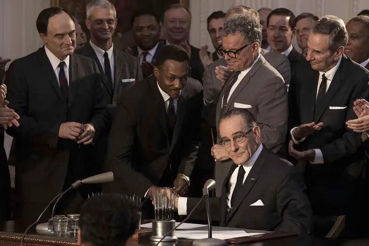 Bryan Cranston plays President Lyndon Baines Johnson in HBO's "All the Way." Bradley Whitford (far left) is Vice President Hubert Humphrey and Anthony Mackie is the Rev. Dr. Martin Luther King Jr.