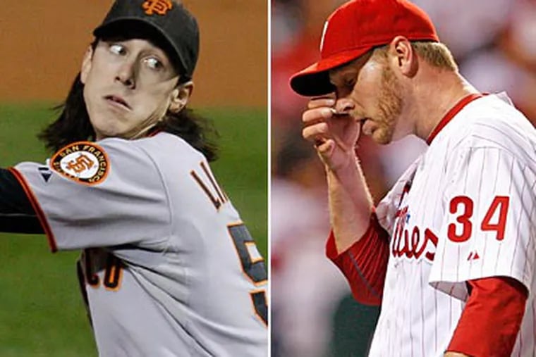 Tim Lincecum (left) and Roy Halladay combined for seven earned runs in Game 1 of the NLCS. (David Maialetti/Ron Cortes/Staff Photos)