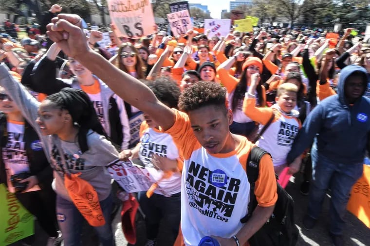 Students from Pennsylvania march in protest, during the march for Our Lives rally along Pennsylvania Avenue in Washington DC. Saturday, March 24, 2018. JOSE F. MORENO / Staff Photographer