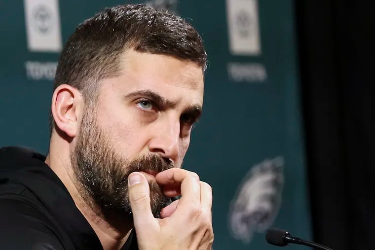 Eagles head coach Nick Sirianni during a press conference with Howie Roseman at the NovaCare Complex in Philadelphia on Wednesday, Jan. 24, 2024.