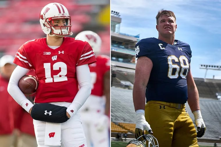 Wisconsin quarterback Alex Hornibrook (left) and Notre Dame offensive tackle Mike McGlinchey.