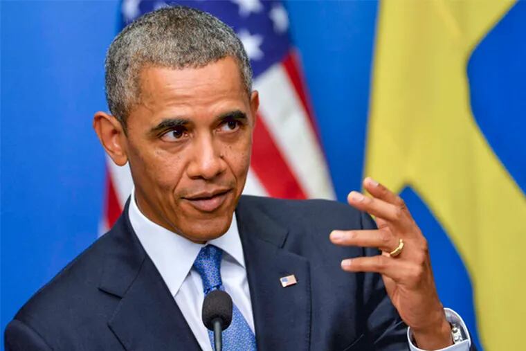 President Obama in Stockholm, Sweden. &quot;I didn't set a red line,&quot; Obama told reporters Wednesday. &quot;The world set a red line. . . .&quot;