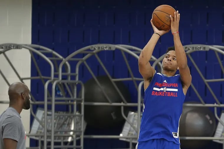 Markelle Fultz takes a shot during the Sixers’ mini-camp at the team training complex in Camden, NJ on June 30, 2017. The No. 1 overall draft pick officially signed with the Sixers on Saturday.