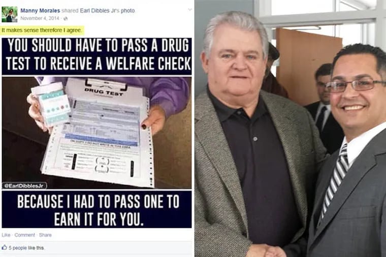 Screenshots allegedly from Council candidate Manny Morales' Facebook page are raising concerns from his Dem supporters. Morales (right) with Democratic U.S. Rep. Bob Brady, who said alleged posts by the Council candidate are "not right." (Morales’ Facebook page)