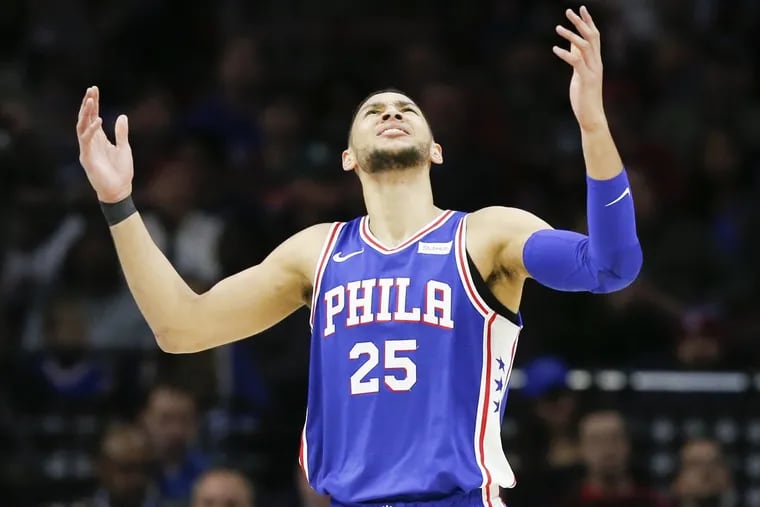 Sixers guard Ben Simmons reacts to a foul call against the Toronto Raptors on Thursday, December 21, 2017 in Philadelphia.