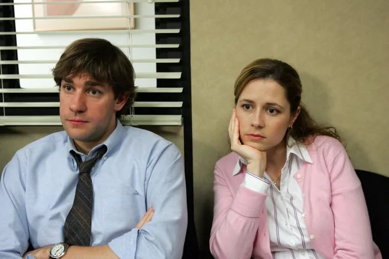Actors John Krasinski as Jim, and Jenna Fischer as Pam in the NBC comedy series "The Office." (AP Photo/NBC, Chris Haston)