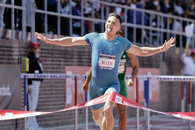 Eagles player Devon Allen, pictured here winning the Penn Relays, ran the 110m hurdles in 12.84 seconds at the New York City Grand Prix on Sunday.