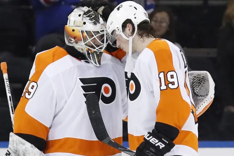 Goaltender Alex Lyon and center Nolan Patrick celebrate after the Flyers’ 7-4 win over the Rangers at Madison Square Garden back on Feb. 18. Lyon stopped 25 of 26 shots in relief to earn his first NHL win.