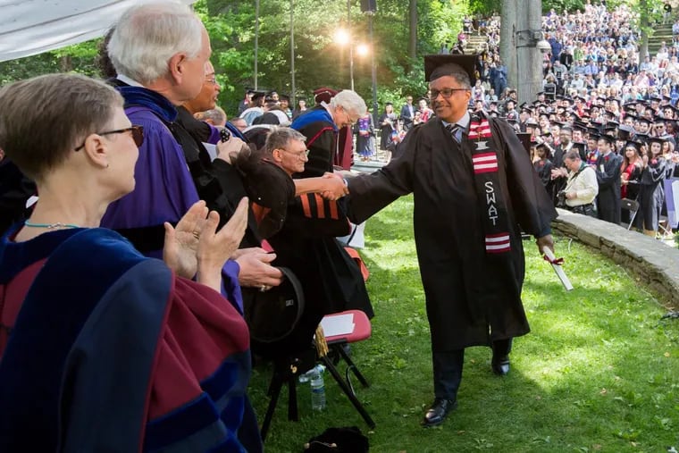 Charles "Kip" Davis, 63, who was Swarthmore's 1975 class president and commencement speaker but failed to complete his studies, graduates on Sunday, May 21, 2017, aftyer completin g his senior thesis.