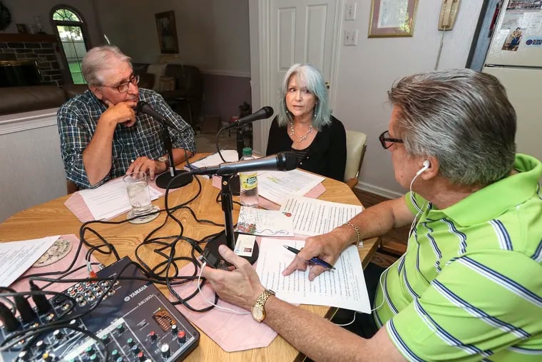 Lou Beccaria (left) and Vince Melograna interview Valerie Melroy during a recent recording of "Good News Chester County." The two friends have been recording the show, dedicated entirely to positive news stories, since 2013.