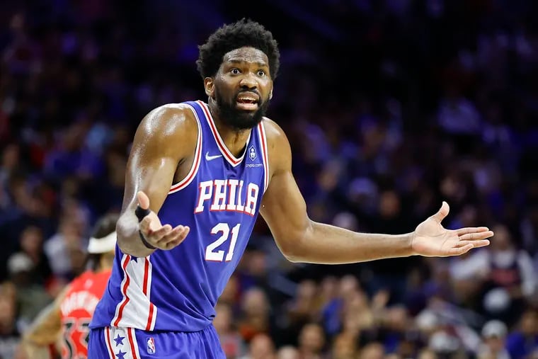 Sixers center Joel Embiid questions an offensive foul call on him in the second quarter during game five of the first-round Eastern Conference playoffs on Monday, April 25, 2022 in Philadelphia.