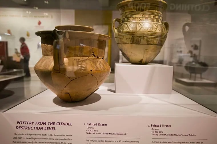 A painted ceramic krater (wine vessel) circa 800 B.C.E. is part of Penn Museum's "The Golden Age of King Midas." But no gold. In fact, little gold has been found anywhere near the excavation.