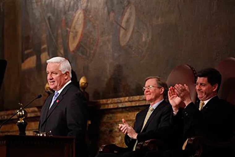 Gov. Tom Corbett, left, delivers his budget address for the fiscal year 2011-2012. Seated center is Speaker of the Pennsylvania House of Representatives, Rep. Sam Smith, R-Jefferson, and Pennsylvania Lt. Gov. Jim Cawley. (AP Photo/Matt Rourke)