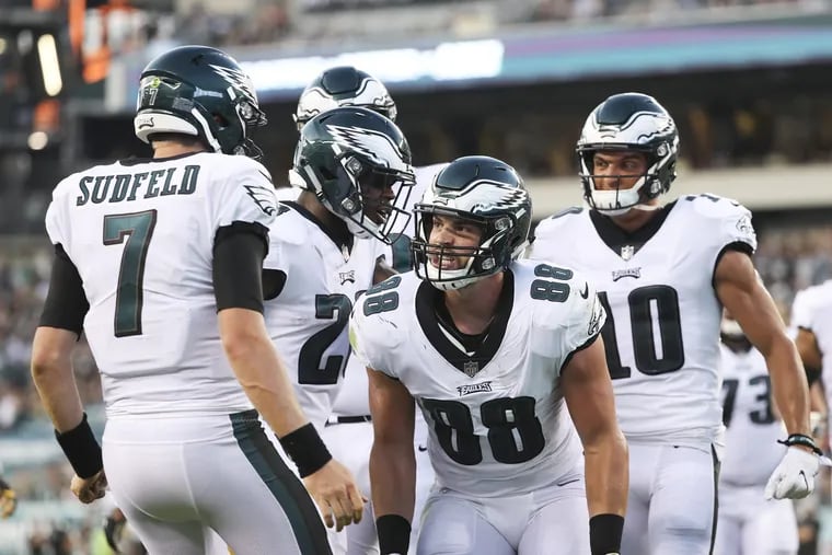 Eagles tight end Dallas Goedert celebrates his second-quarter touchdown reception with quarterback Nate Sudfeld against the Pittsburgh Steelers in a preseason game on Thursday, August 9, 2018 in Philadelphia. DAVID MAIALETTI / Staff Photographer
