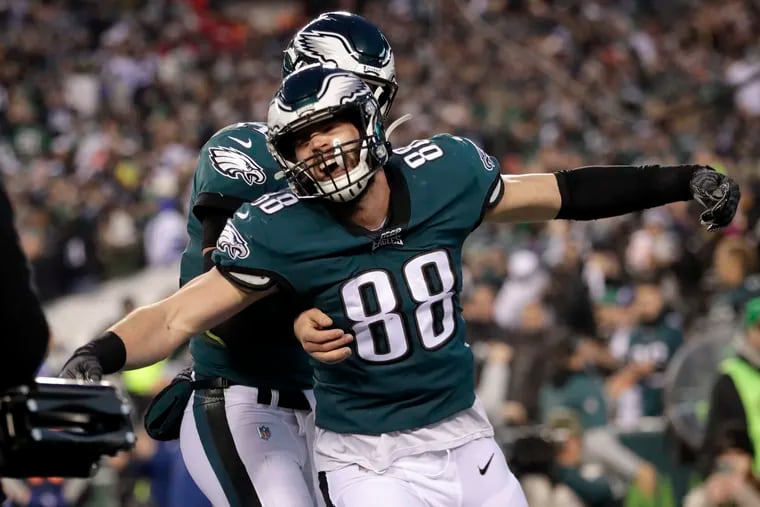 Dallas Goedert celebrates after scoring a touchdown against the Cowboys on Sunday.