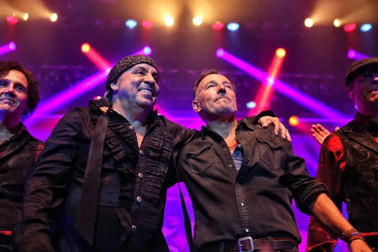 Bruce Springsteen (right) made a surprise appearance on May 27 at longtime bandmate Steven Van Zandt’s  show in the Count Basie Theatre, Red Bank  NJ: