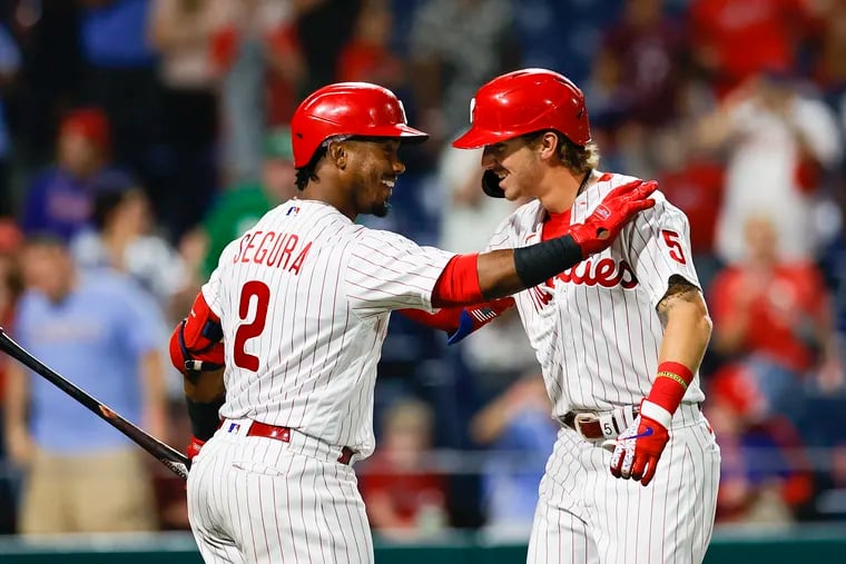 Jean Segura (left), Bryson Stott and the Phillies enter the final full month of the regular season in the playoff picture.
