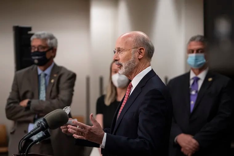 Gov. Tom Wolf at a press conference at the Delaware County Courthouse in Media on June 17.