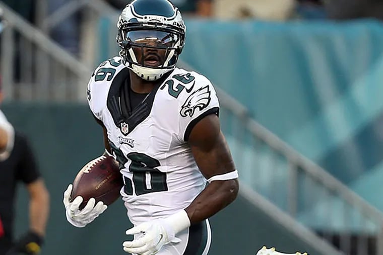 Eagles' Walter Thurmond runs with the football after a first-quarter interception against the Baltimore Ravens in a preseson game on Saturday, August 22, 2015 in Philadelphia.
