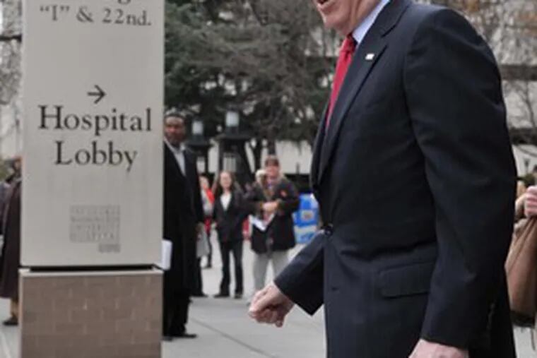Michael B. Mukasey , attorney general, leaves the hospital.He had passed out Thursday,