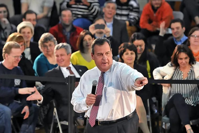 Gov. Chris Christie addresses a gathering at a town hall meeting Tuesday, March 10, 2015, in Somerville, N.J. (AP Photo/Northjersey.com, Mitsu Yasukawa)