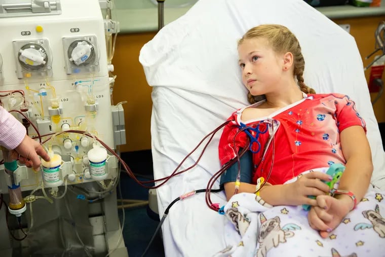 Due to a genetic condition that causes high cholesterol, 10-year-old Avery Watts, of Hagerstown, Md., undergoes treatment twice a month at Nemours / Alfred I. duPont Hospital for Children in Wilmington, Del. For the treatment, she is hooked up for three hours to a machine that filters cholesterol from her blood.