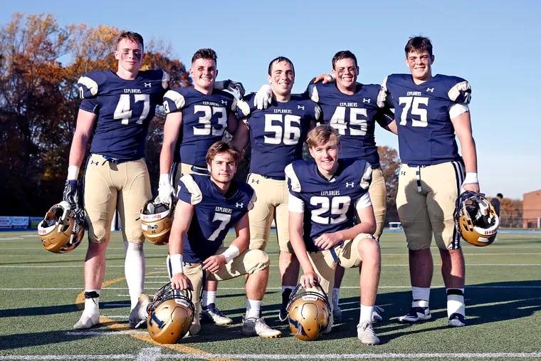 These seven La Salle College High School football players come from the same parish team: Shaun Anderson (7), Harrison Himes (29), Paul Jennings (47), Shane Hagan (33), Pat Troy (56), Tim Barrett (45), and Ryan Wills (75).