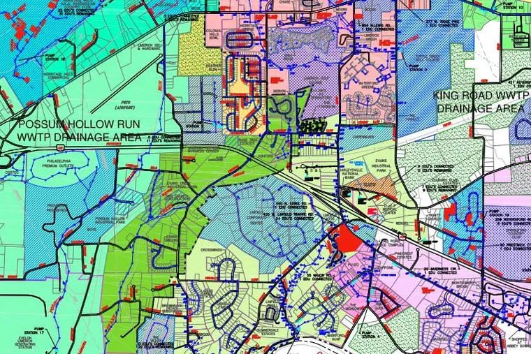 Limerick Township is selling its wastewater treatment system to Aqua Pennsylvania for $75.1 million. This is a map showing the catchment areas of the system's Possum Hollow Run and the King Road wastewater treatment plants