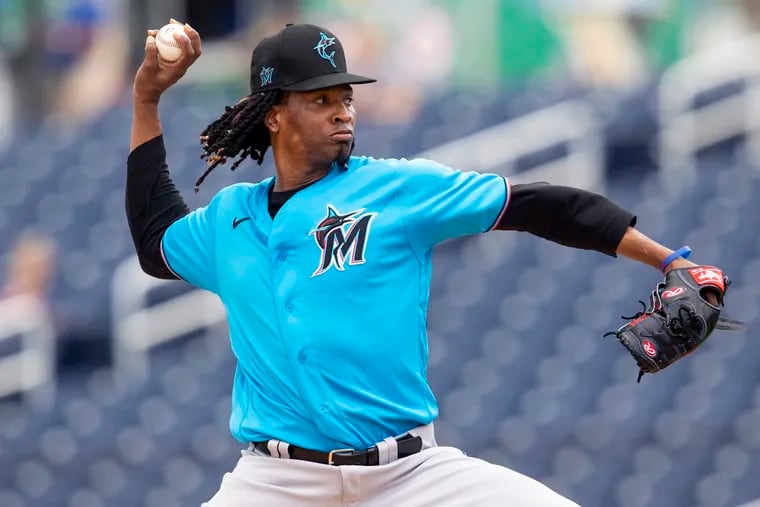 Miami Marlins right-handed pitcher Jose Urena throws a pitch during the first inning of a Spring Training game against the Houston Astros at FITTEAM Ballpark of the Palm Beaches Tuesday, Feb. 25, 2020 in West Palm Beach, Fla.