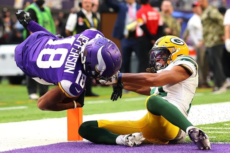 Action Network Use Only -  Minnesota Vikings receiver Justin Jefferson (18) is the early favorite to win NFL Offensive Player of the Year after a stellar Week 1 performance against the Green Bay Packers. (Adam Bettcher/Getty Images/TNS)