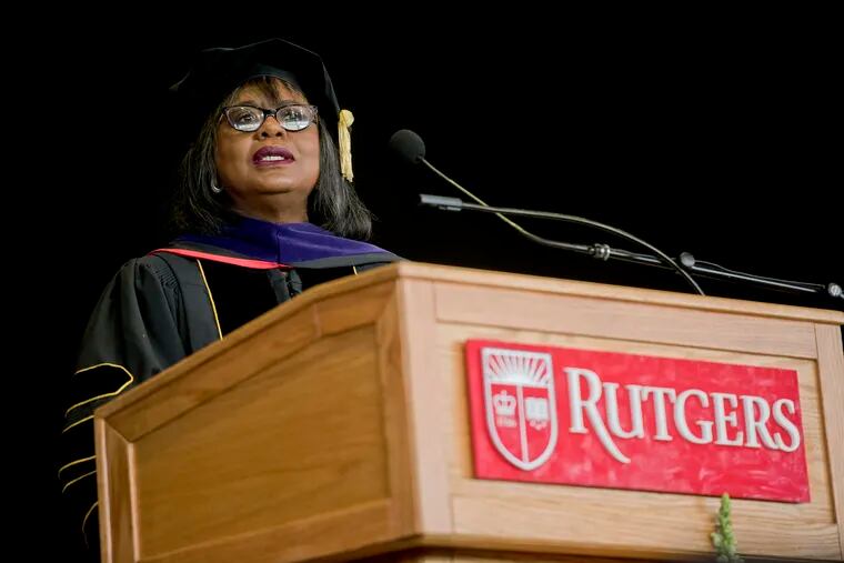 Anita Hill addresses the graduates during Rutgers-Camden's School of Law Graduation Commencement at the BB&T Pavilion in Camden, NJ in May.