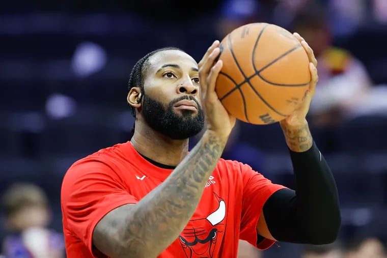 Chicago Bulls center Andre Drummond shoots the during warmups Friday. Drummond was part of the trade that sent Ben Simmons to the Brooklyn Nets and brought James Harden to Philly.