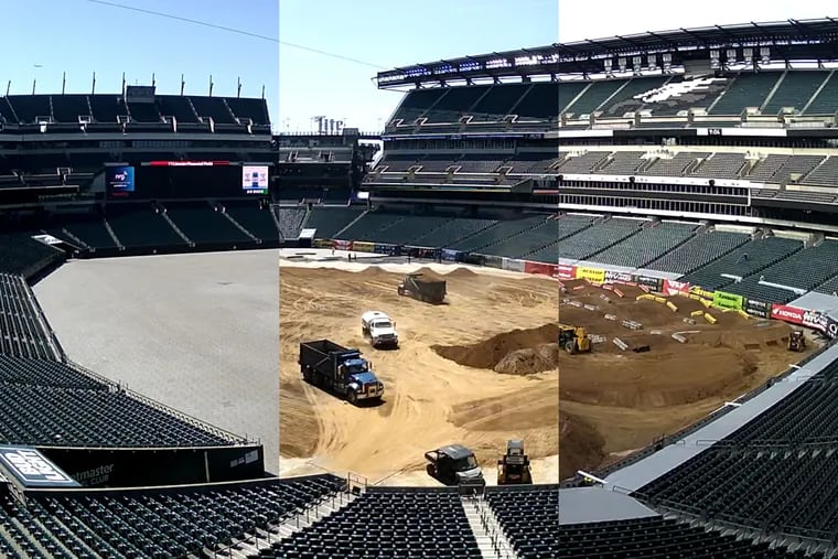 The Linc is transformed from a football field to a dirt pit every year ahead of Monster Jam.