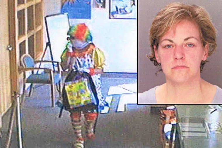 Surveillance photo shows robber dressed as a clown on Aug. 6, 2010, at a Bethlehem bank. Top right: Carolyn Williams, who pleaded guilty on June 8, 2011.