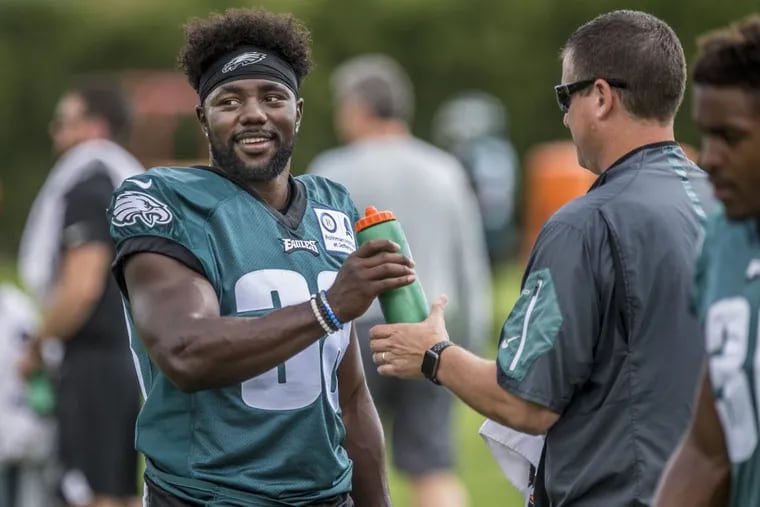 Kenjon Barner, #38, grabs some water after warmups at Eagles practice on Wednesday September 27, 2017. Barner signed a contract with the team as a running back and kick returner because Darren Sproles in out for the season.