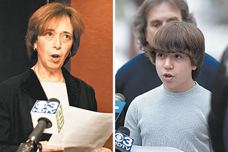 Harriton High School assistant vice principal Lynn C. Matsko (left) read a statement yesterday denying spying on students. Harriton student Blake Robbins, the plaintiff in a federal lawsuit, also read a statement yesterday. (Left: Michael S. Wirtz, Right: Ed Hille / Staff Photographers)