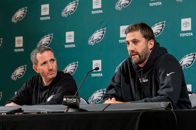 Eagles Executive Vice President Howie Roseman left and head coach Nick Sirianni hold a press conference to address cutdown day, NovaCare Complex, Tuesday, August 29, 2023