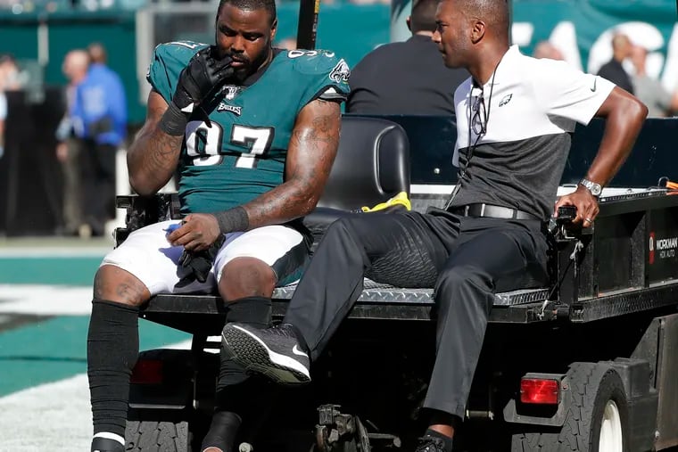 Eagles defensive tackle Malik Jackson gets carted off the field with a medical staff member after getting injured duirng the fourth-quarter against Washington on Sunday, September 8, 2019 in Philadelphia.