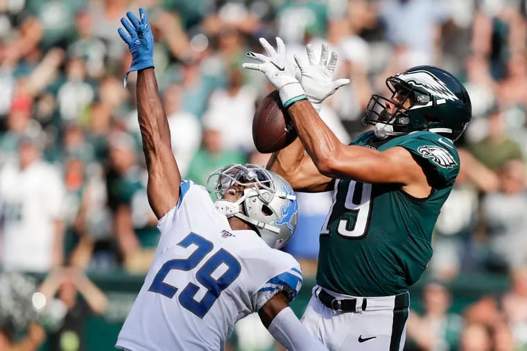 Eagles wide receiver J.J. Arcega-Whiteside tries to catch the late fourth-quarter 4th down and 15 yards against Detroit Lions cornerback Rashaan Melvin on Sunday, September 22, 2019 in Philadelphia.