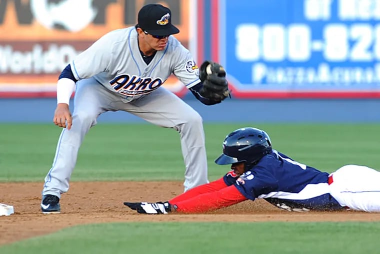 A sliding Reading Phillies Roman Quinn, right, is out at second base
as Akron Rubberducks shortstop Yonathan Mendoza puts the tag on in the
first inning Wednesday, April 22, 2015 in Reading, Pa. (Bradley C Bower/Staff Photographer)