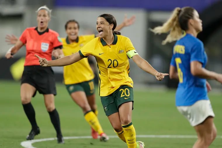 Sam Kerr (center) is Australia's top all-time scorer, with 49 goals in 102 national team games. She played in the NWSL for seven years before making a big-money move to England's Chelsea.
