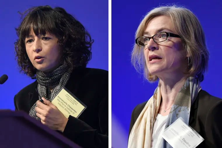This December 2015 combo image shows Emmanuelle Charpentier, left, and Jennifer Doudna, both speaking at the National Academy of Sciences international summit on the safety and ethics of human gene editing, in Washington.