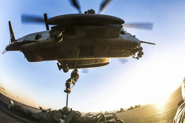 U.S. Marines attending the Infantry Officer Course conduct fast-rope training near Yuma, Ariz., on March 26, 2015.